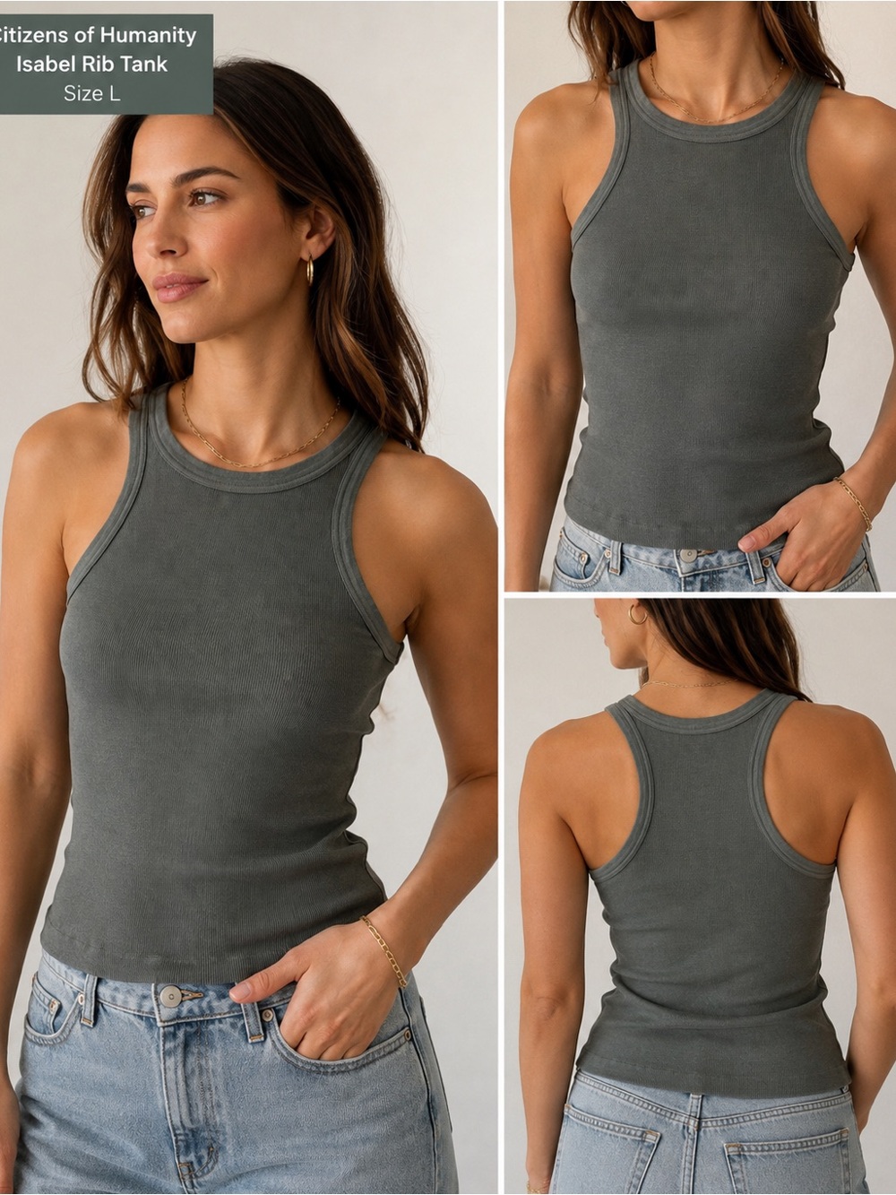 Citizens of Humanity Isabel Rib Tank Gray Green Racerback Top Size L EUC